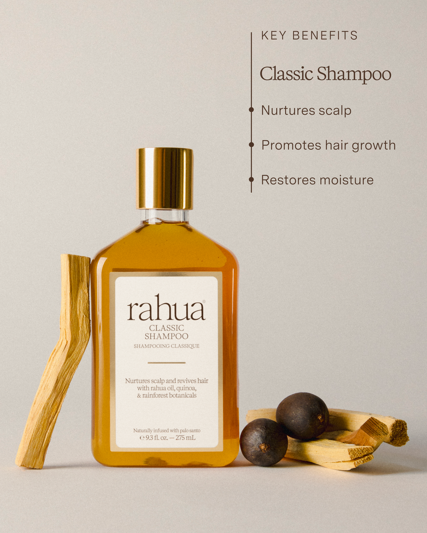 Rahua classic shampoo bottle with key benefits listed on a light background|variant:93-oz,16-oz,18-oz