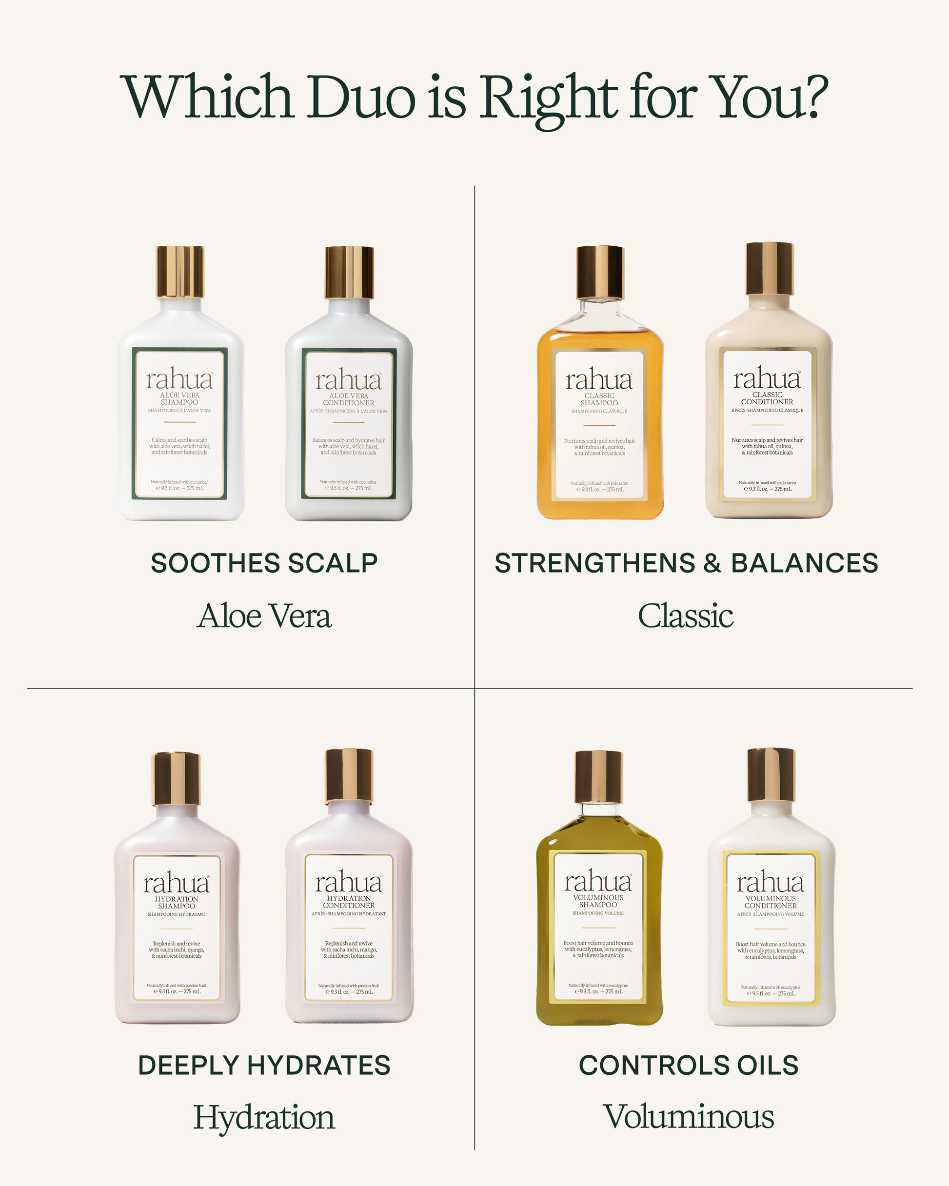 Rahua hair care product bottles with labels for different uses on a white background.|variant:93-oz