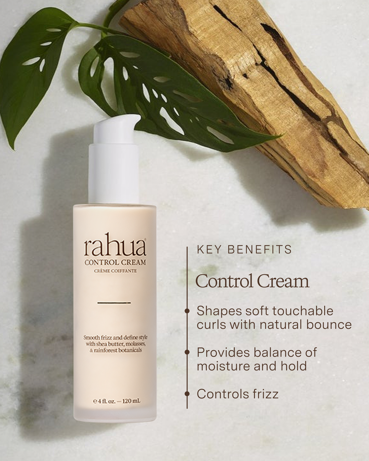 Rahua control cream bottle with key benefits text on a neutral background