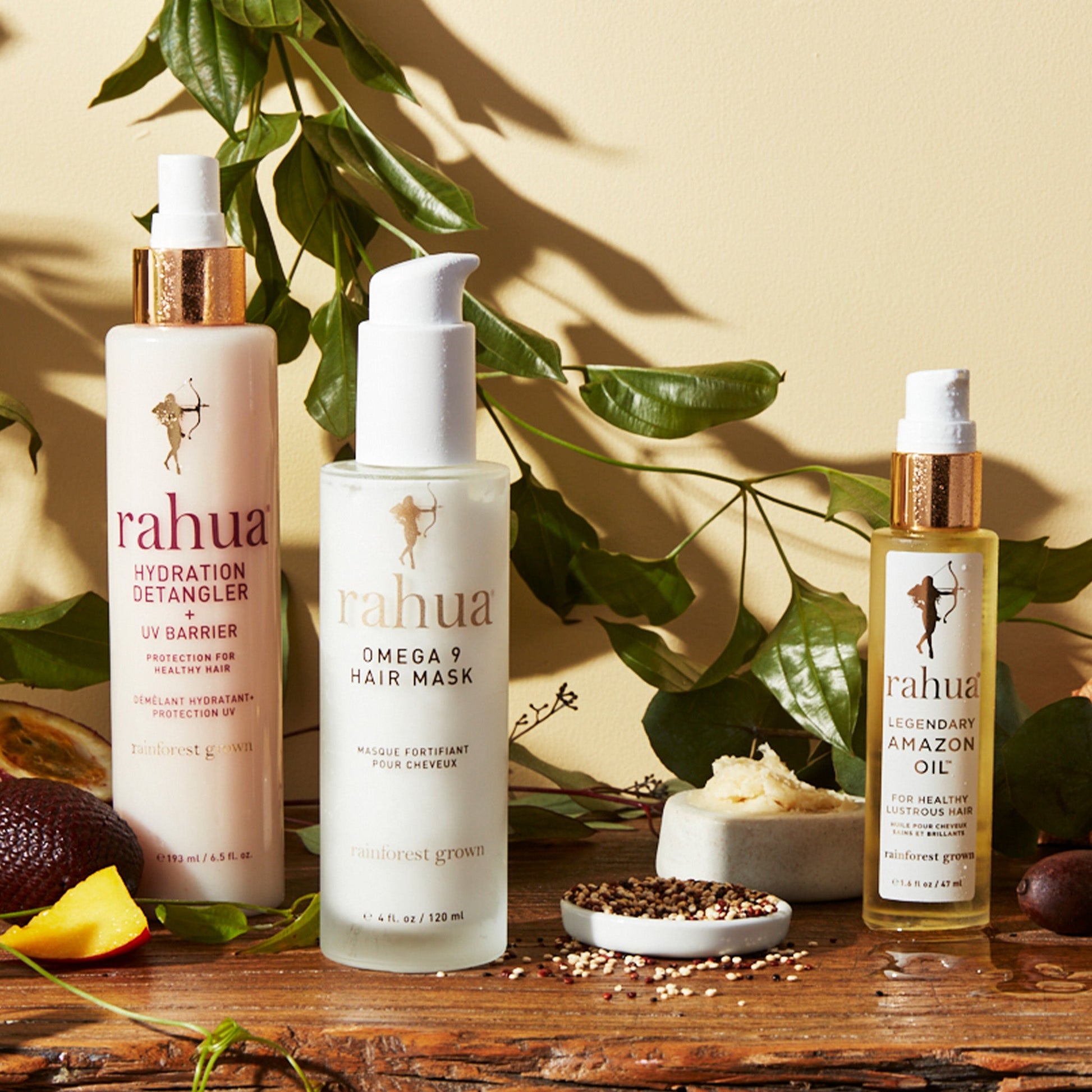 Rahua products with morete seeds, rahua seeds, mango slice, passion fruit