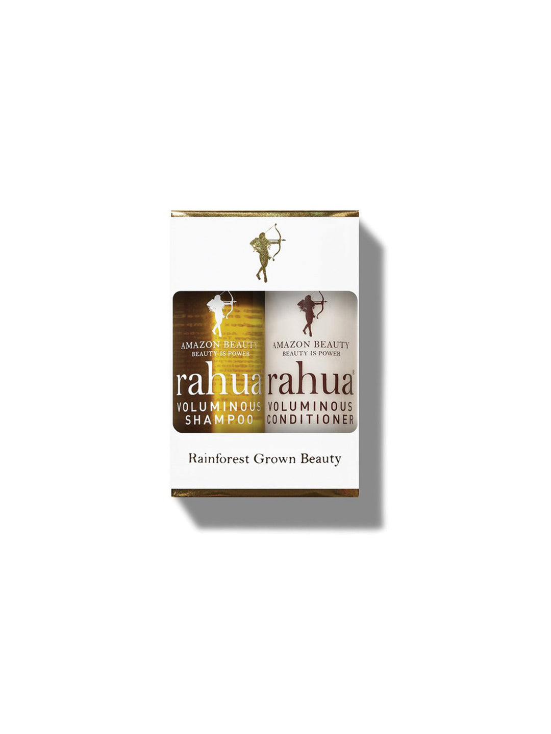 two bottles of rahua voluminous shampoo and conditioner with white caps and white labels with green lettering. there's a sticker in the upper right with "beauty inc. the greatest hair care 2025" travel sized, tsa safe travel friendly|variant:2-oz