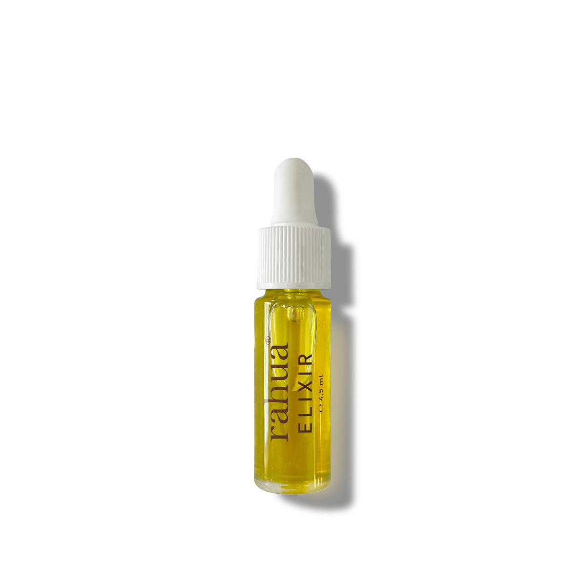 bottle of golden liquid in a glass bottle rahua elixir oil made of 100% rahua oil on a plain white background mini size|variant:015-oz