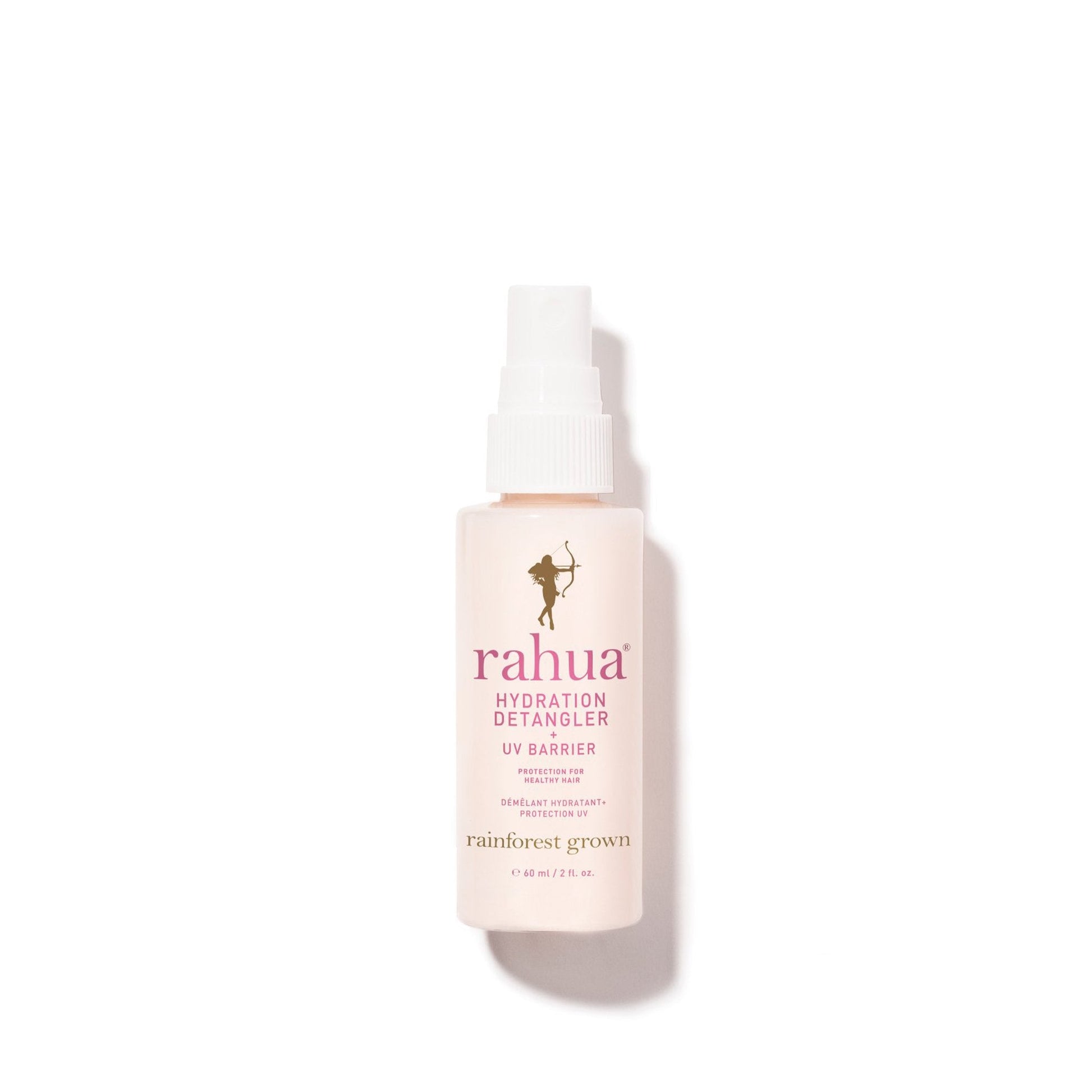 light pink spray bottle with white collar and pink lettering rahua hydration detangler uv barrier on plain white background 2 oz travel friendly tsa safe|variant:2-oz