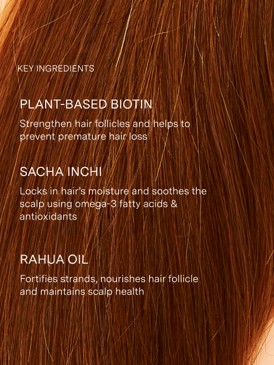 Text overlay on a close-up of brown hair with key ingredients for hair care|variant:16-oz