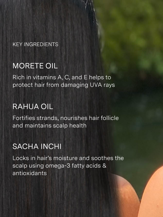 shot of model's hair rahua hydration conditioner key ingredients including morete oil, rahua oil and sacha inchi oil|variant:16-oz
