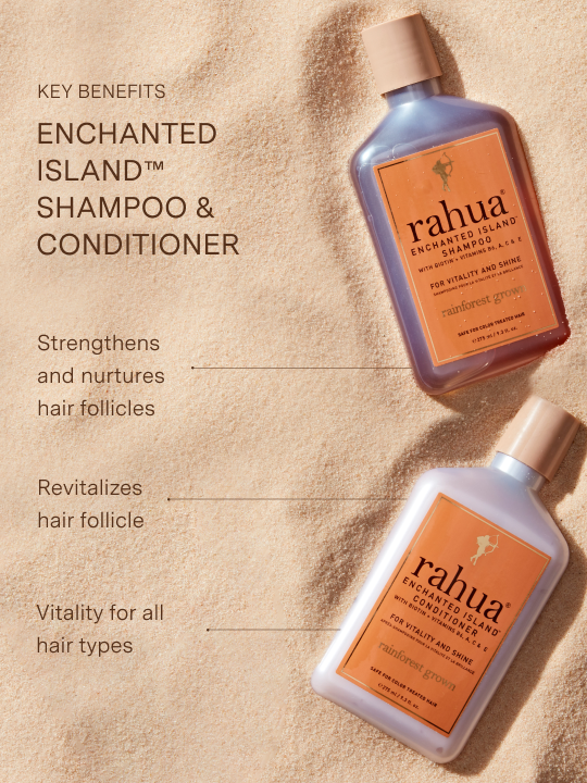 Two bottles of rahua Enchanted Island Shampoo and Conditioner on a beige background with text highlighting key benefits|variant:074-oz