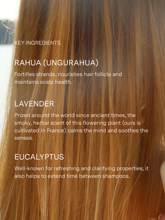 model with orange blonde hair listing key ingredients including rahua oil for nourishment, lavender for soothing and calming and eucalyptus for refreshing and clarifying|variant:074-oz