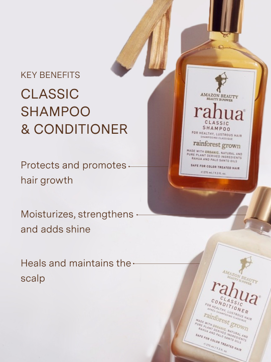 two bottles of rahua classic shampoo and classic conditioner with two sticks of palo santo listing key benefits including protects and promotes hair growth, moisturizes, strengthens, heals and maintains scalp|variant:16-oz