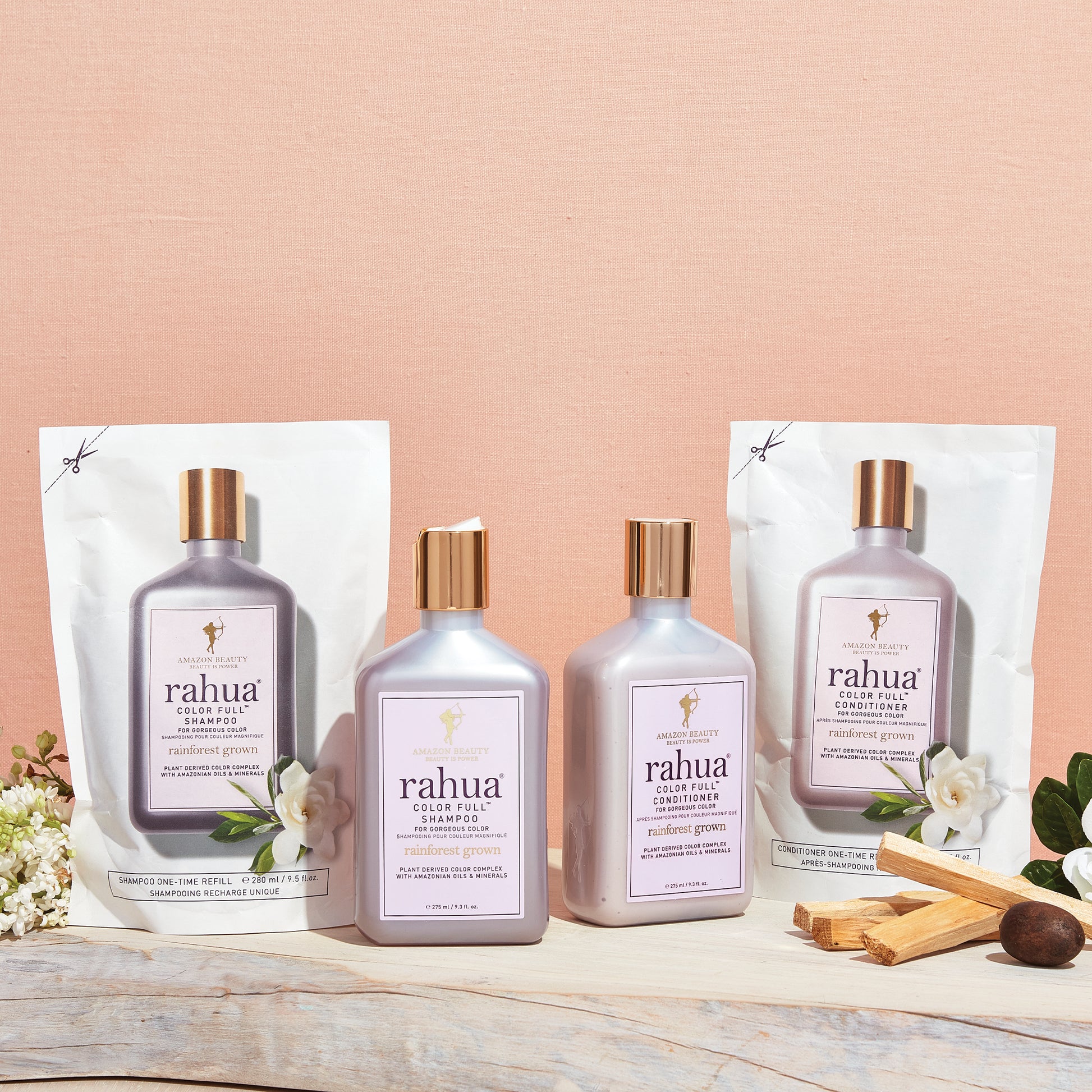 Rahua color full shampoo and conditioner refill on wood with Ingredients